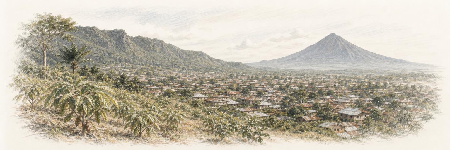 Vue panoramique de Kpalimé dans sa vallée, les toits de tôle de la ville entre la crête boisée des monts Kloto à gauche et le mont Agou à droite, au milieu des plantations de café et de cacao.