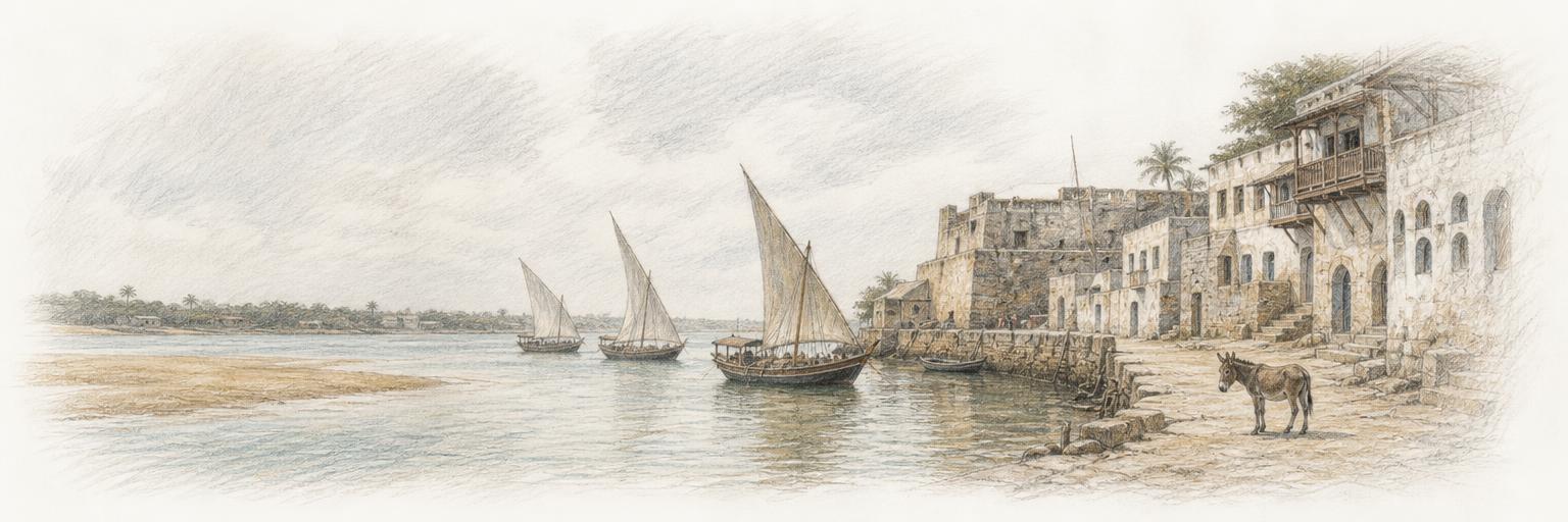 Mchoro wa penseli za rangi wa mji wa mawe wa Lamu, ukiwa na majahazi yenye matanga upande wa maji na ngome ya Lamu ufukweni.