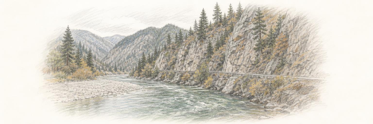 A wide view of the Wenatchee River in Tumwater Canyon, granite walls with pines and autumn foliage, and the narrow highway following the water.