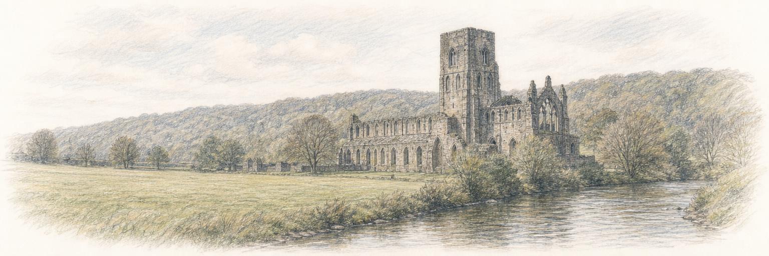 The roofless stone ruins of Kirkstall Abbey in a green meadow beside the River Aire on the edge of Leeds.