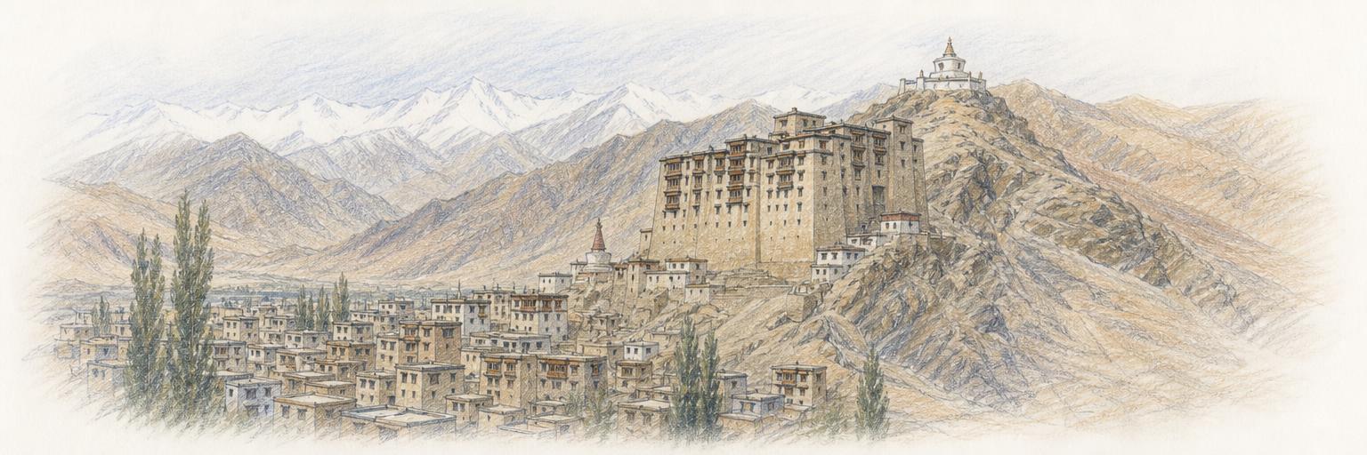 Leh Palace on its rocky spur above the flat-roofed mud-brick houses of the Old Town, with the bare brown ridges of the Ladakh Range behind.