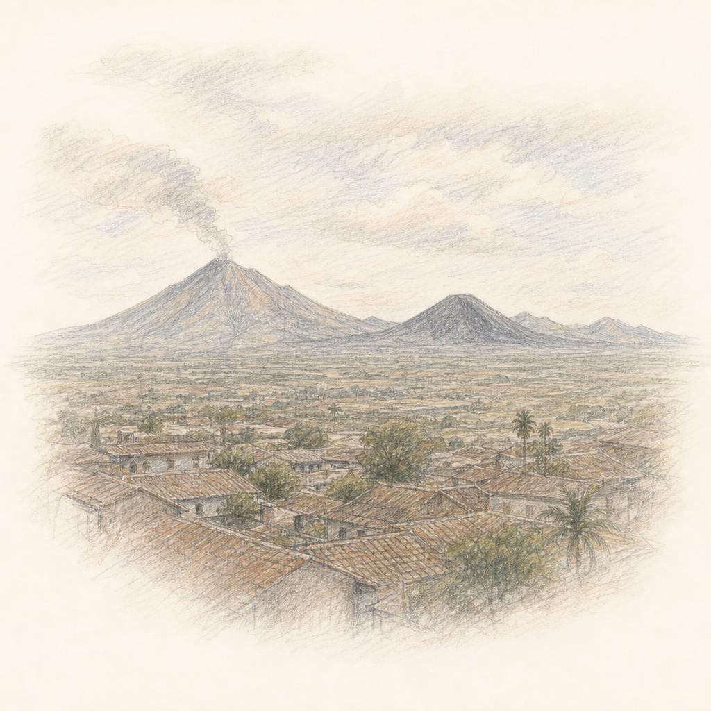 La cadena de volcanes de los Maribios en el horizonte, vista desde los techos de teja del casco colonial de León.