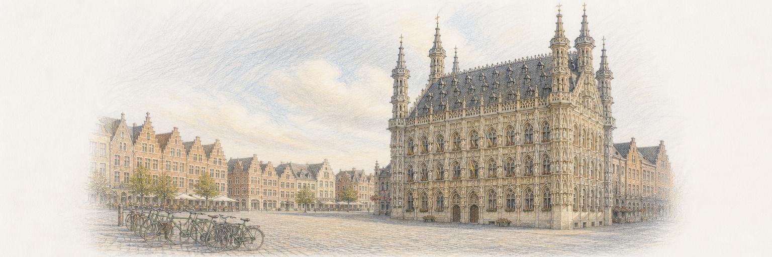 A wide view of Leuven's ornate late-Gothic town hall on the Grote Markt, with open cobbles and parked bicycles to the left and stepped-gable houses lining the square.