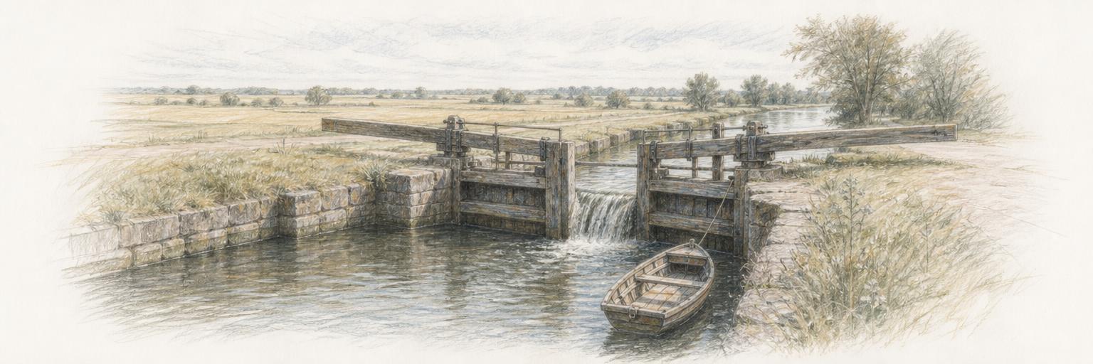 A wooden lock on the Kinda kanal beside the Stångån, its gates half open with water spilling through and a small boat waiting, flat farmland behind.
