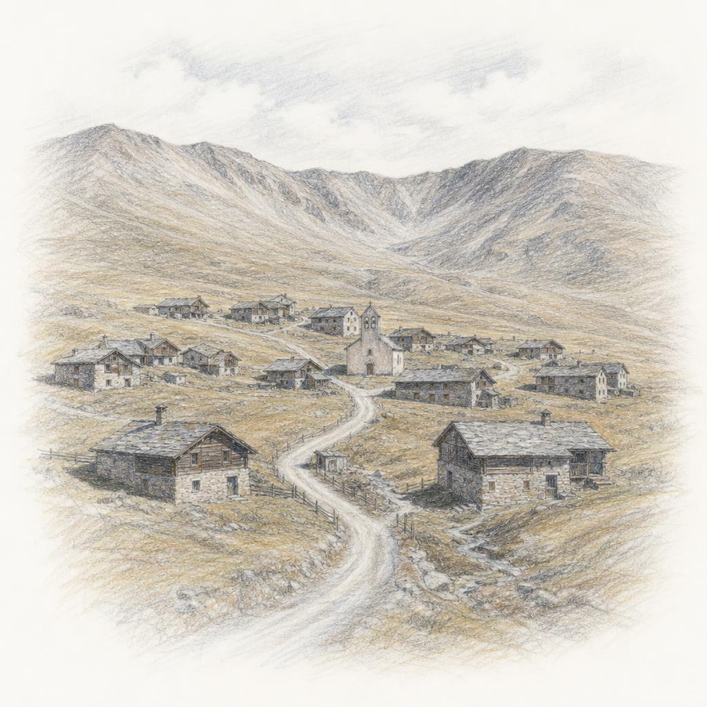 Disegno: Trepalle a 2.069 metri — case basse in pietra e legno sparse su un valico erboso senza alberi, con la chiesetta di Sant'Anna in mezzo e la strada che scende verso la valle.