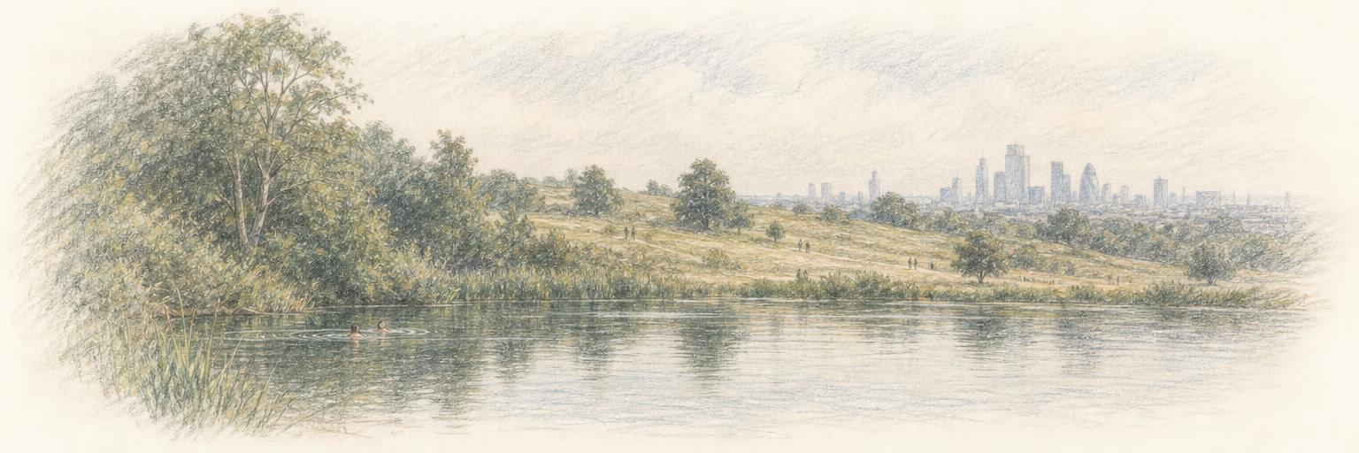 A Hampstead Heath swimming pond in the foreground with the distant City of London skyline low on the horizon.