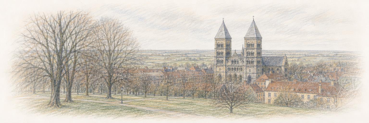 A wide view of Lund Cathedral's twin sandstone towers rising over the red-tiled rooftops of the old town, seen across the lawns and trees of Lundagård.