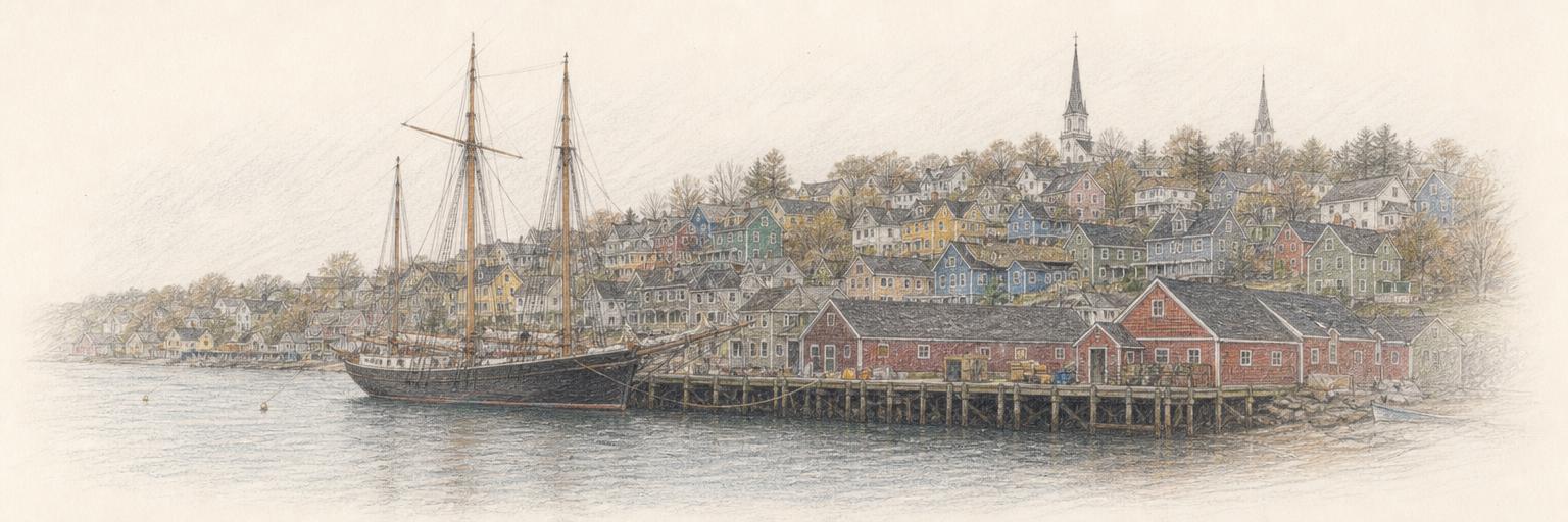 A black-hulled schooner moored at Lunenburg's wharf below a steep hillside of brightly painted wooden houses and red waterfront sheds.