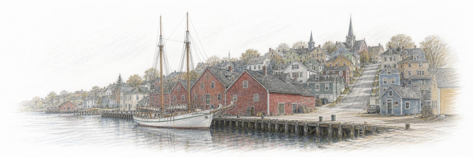 A colored-pencil sketch of Lunenburg's harbour, a fishing schooner at the wharf below rows of red waterfront warehouses and clapboard houses climbing the steep hillside grid.