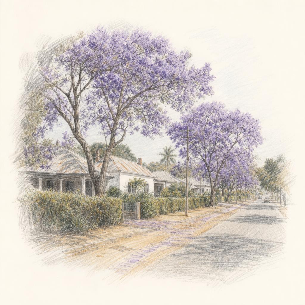 A street in Lusaka's Garden Township lined with jacaranda trees in full purple bloom.