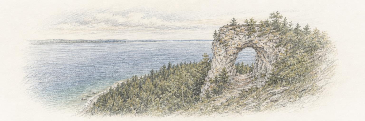 Arch Rock, the limestone arch on the wooded bluff above the Straits of Mackinac.