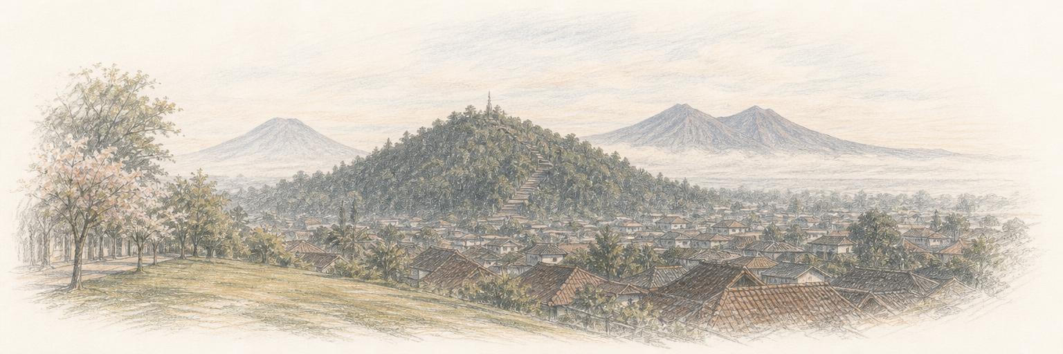 Sketsa Gunung Tidar yang berhutan di tengah kota, dilihat dari utara melintasi atap-atap genting rendah dan pepohonan berbunga Magelang, dengan siluet Gunung Sumbing dan Merbabu di kaki langit.