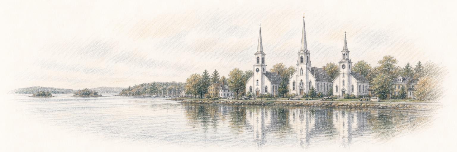 The three steepled waterfront churches of Mahone Bay standing in a row at the head of the cove, reflected in calm harbour water.