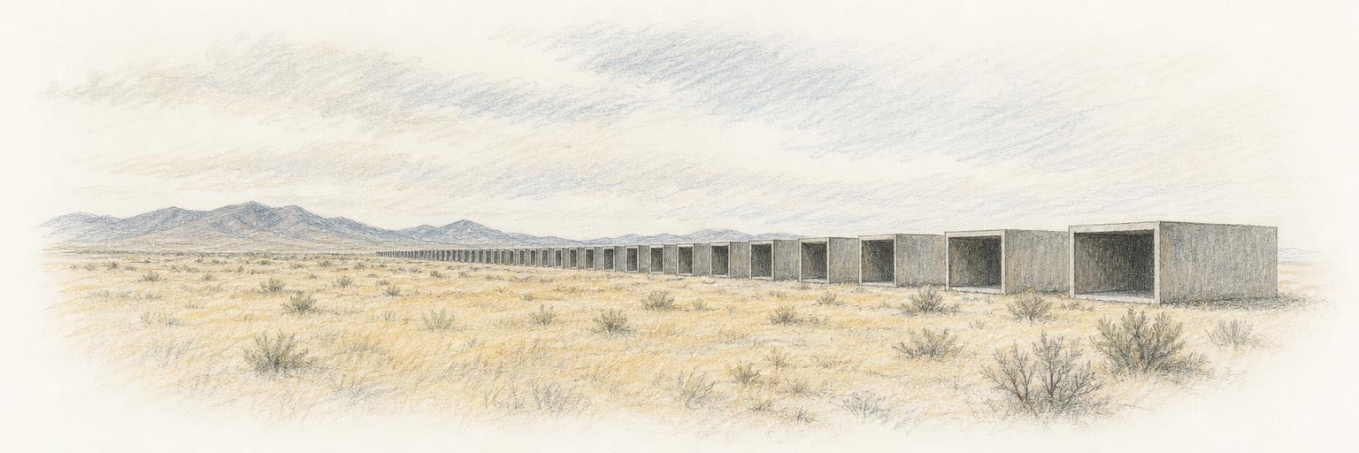 A row of Donald Judd's concrete box sculptures stretching across the desert grassland at the Chinati Foundation in Marfa, with mountains low on the horizon.