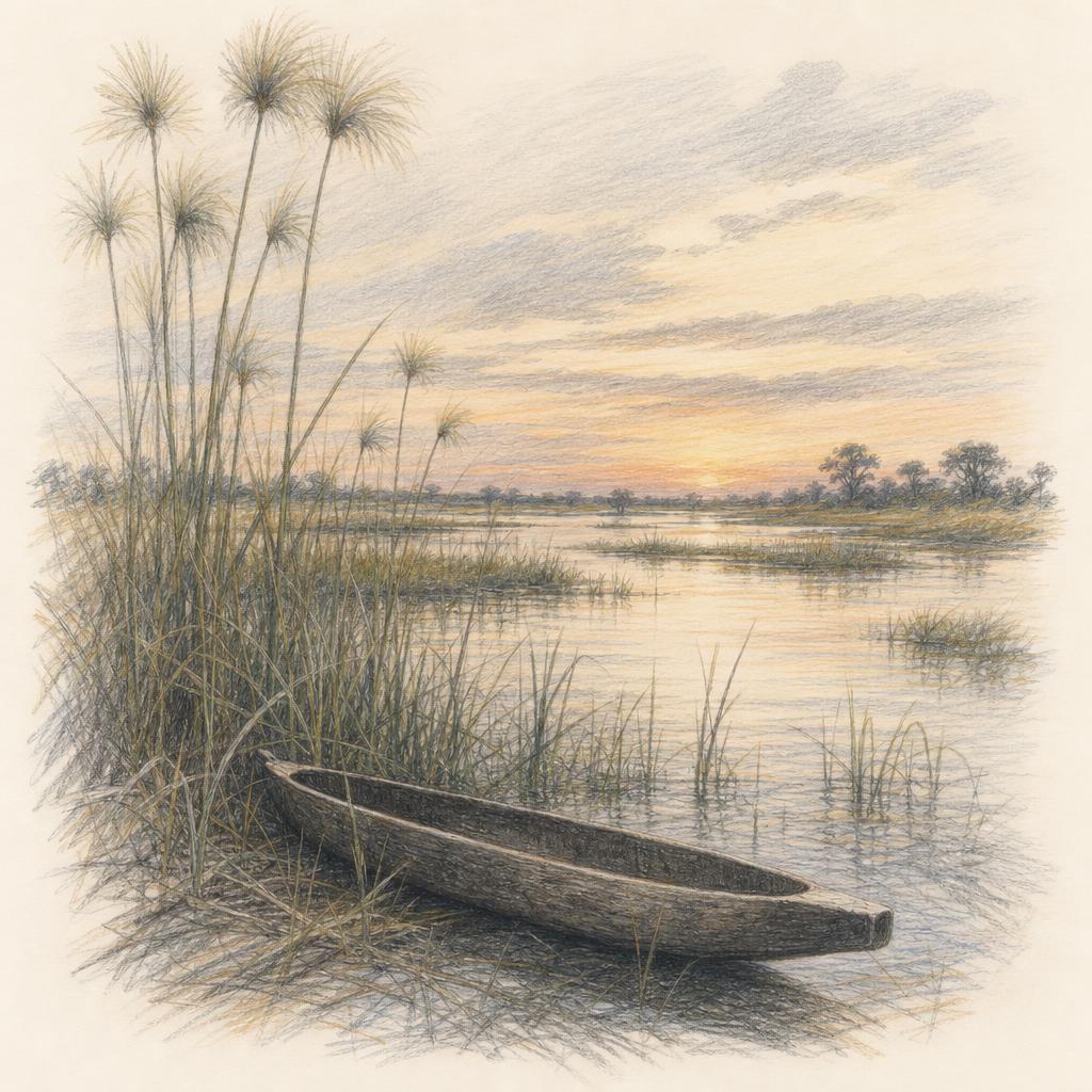 A dugout canoe resting among reeds at the edge of the Thamalakane River, where the Okavango Delta begins.