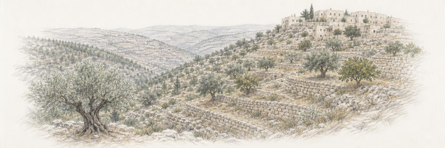 Terraced olive and fig groves stepping down a limestone hillside below the stone houses of Mazraat El Mechref.