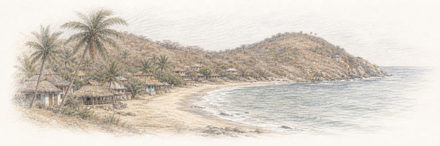 Boceto a lápiz de color de Punta Cometa junto a la bahía de Playa Mazunte, con el pueblo de palapas en primer plano.