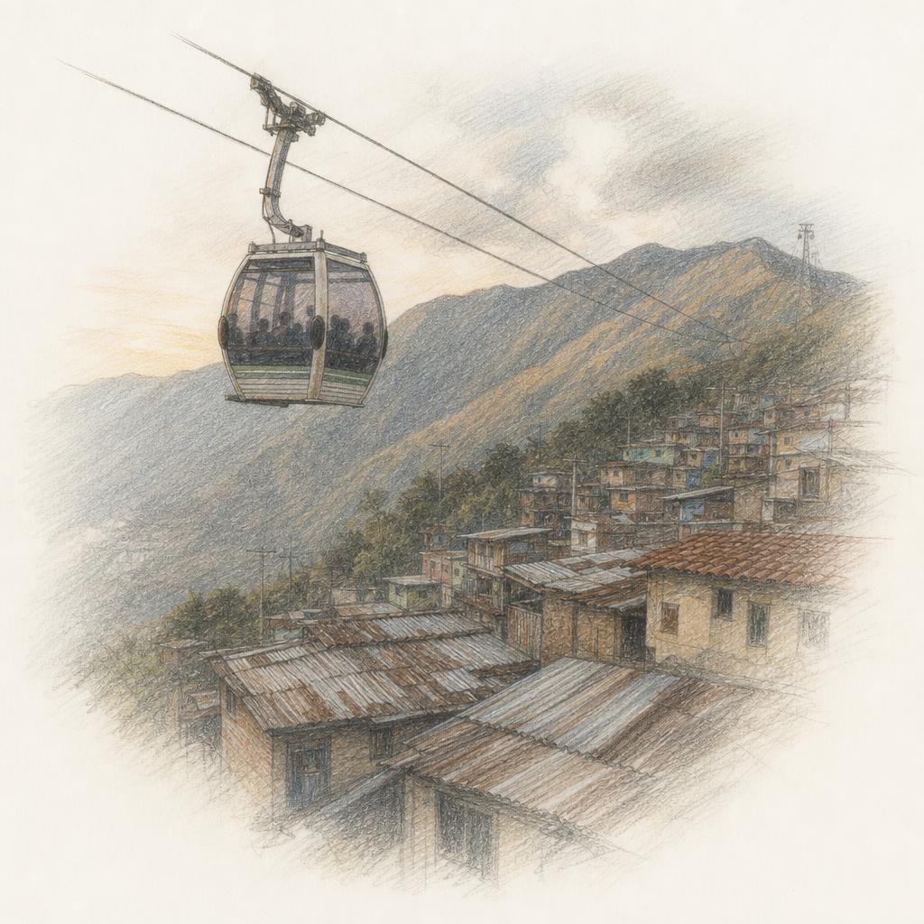 Una cabina del Trolcable sobre los techos de un barrio en las laderas de Mérida, con la Sierra Nevada detrás.