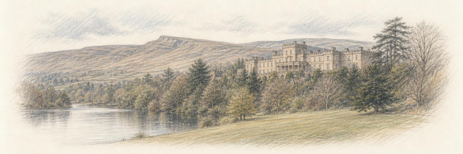 Cyfarthfa Castle, the ironmasters' mansion, above its park lake at the head of the Taff valley with the Brecon Beacons behind.