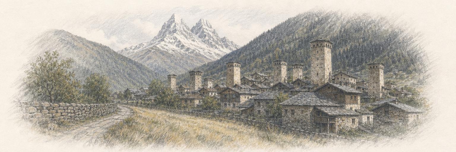 Mestia's medieval Svan stone tower-houses among the village roofs, with hay meadows in front and the twin snow peak of Ushba behind.