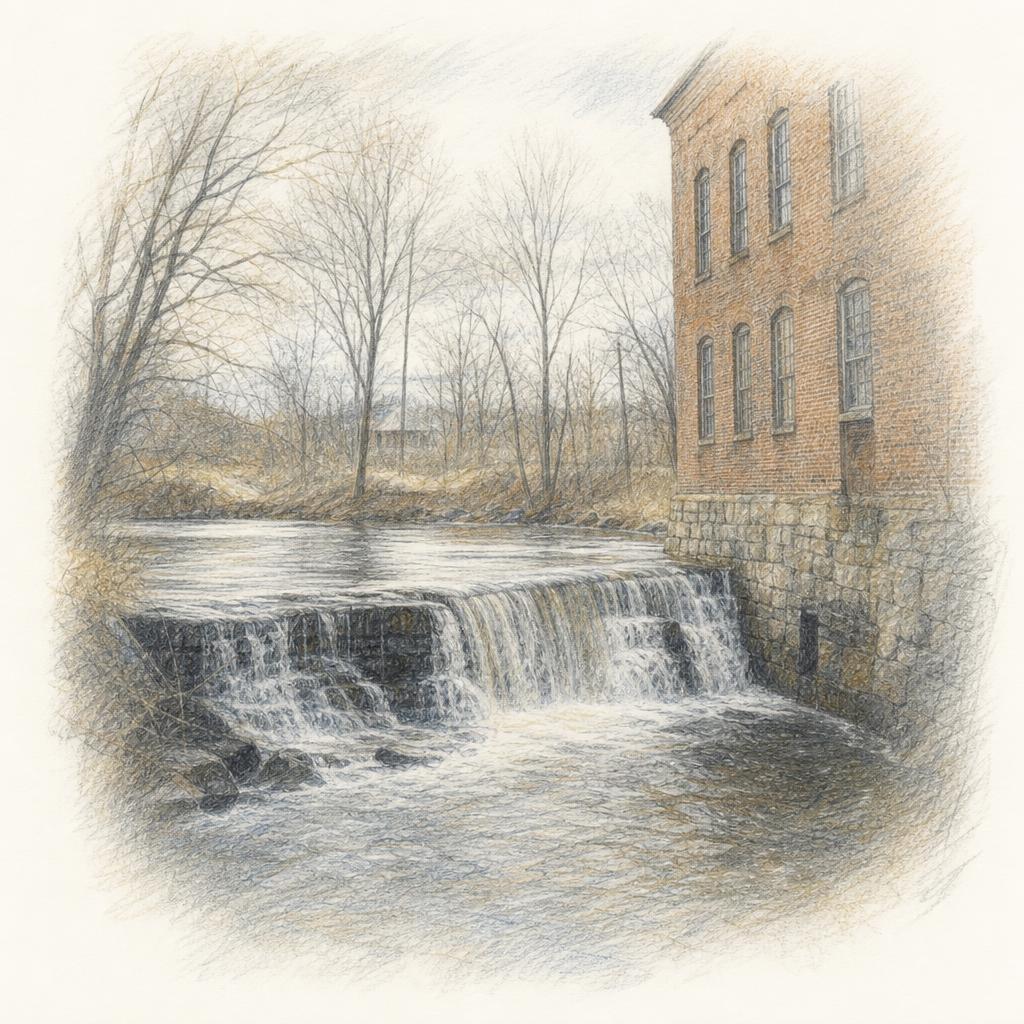 A pencil sketch of the Spicket River falls in Methuen, running past the brick wall of the old Methuen Company mill.