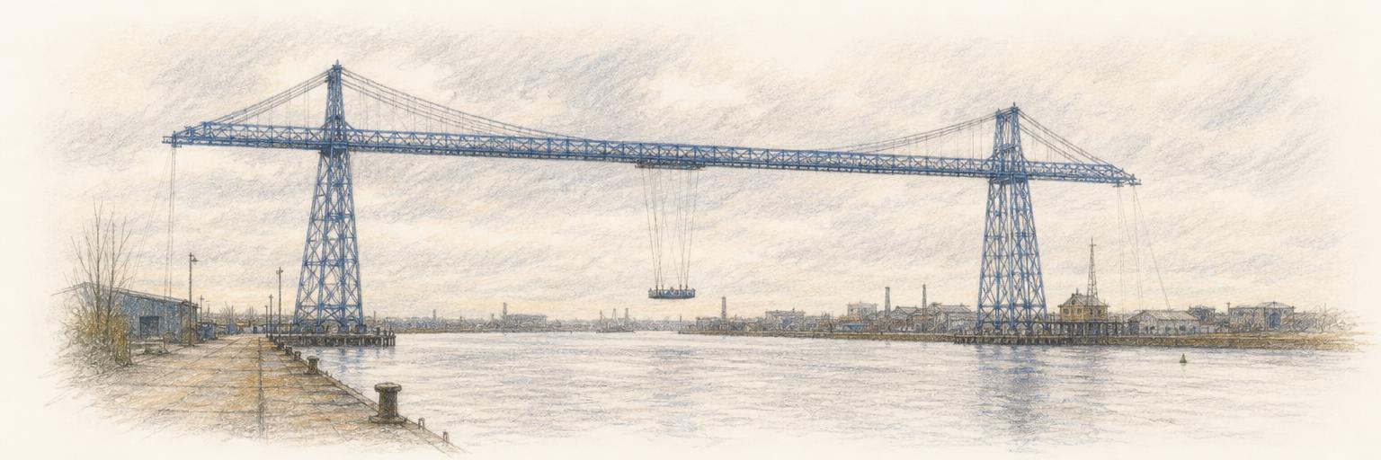 A sketch of Middlesbrough's blue steel Tees Transporter Bridge spanning the River Tees, its suspended gondola crossing below the high span.