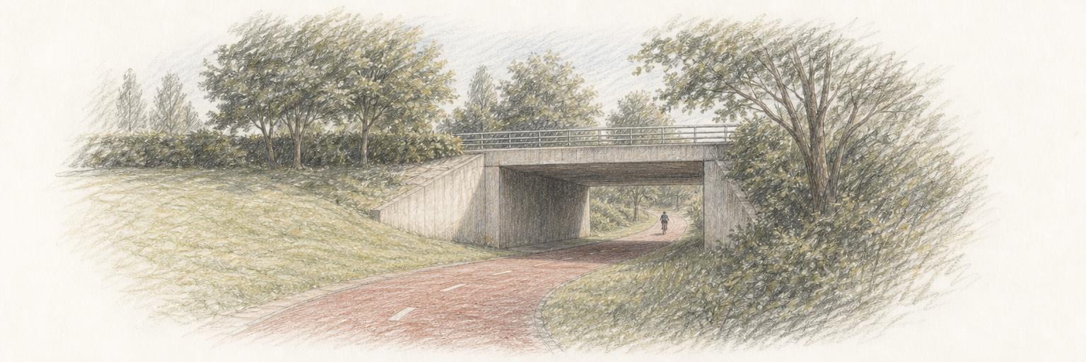 A red-surfaced redway path curving into an underpass beneath a grid road in Milton Keynes, with grass banks and mature trees on either side.