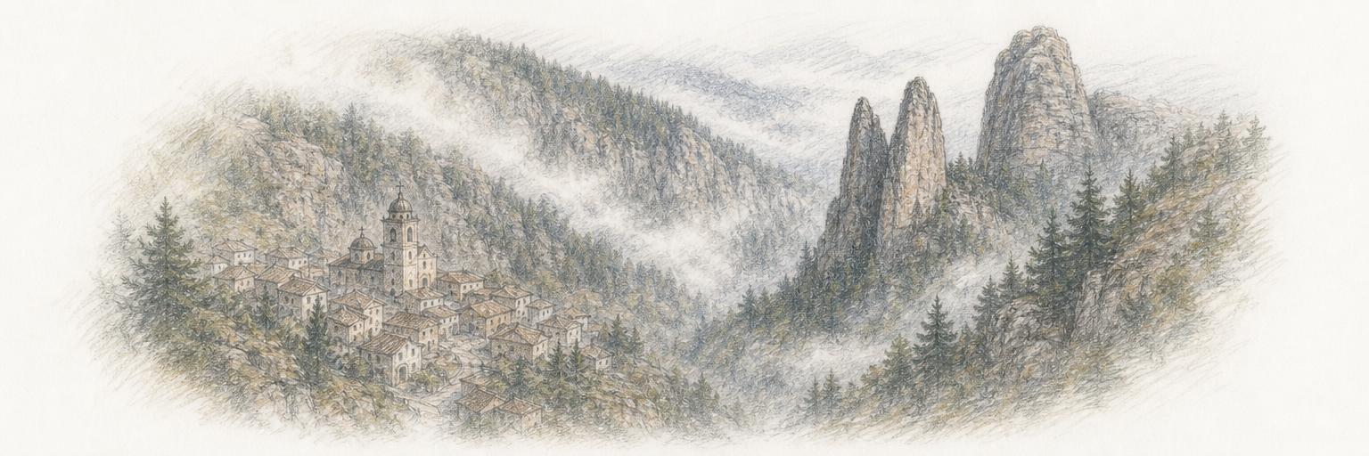 El pueblo de calles empedradas en su cañada boscosa entre la niebla, con las peñas del parque nacional asomando entre los pinos y la iglesia parroquial abajo.