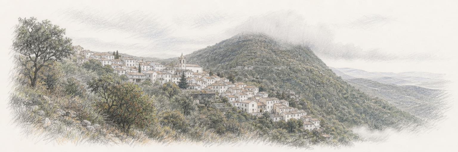 Um desenho a lápis de cor de Monchique, com as casas caiadas de branco na encosta arborizada da serra e o cume da Fóia envolto em névoa acima da vila, entre sobreiros e medronheiros.