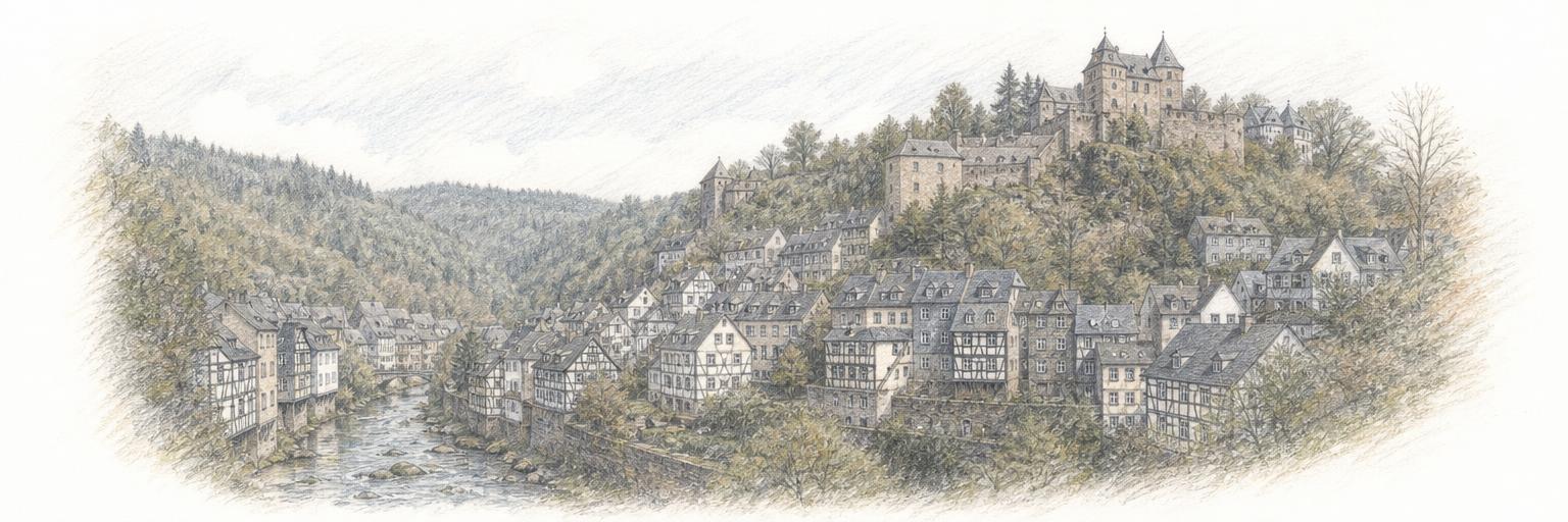 Die Fachwerkhäuser der Monschauer Altstadt drängen sich im engen Rurtal, darüber auf der bewaldeten Höhe die Burg Monschau.