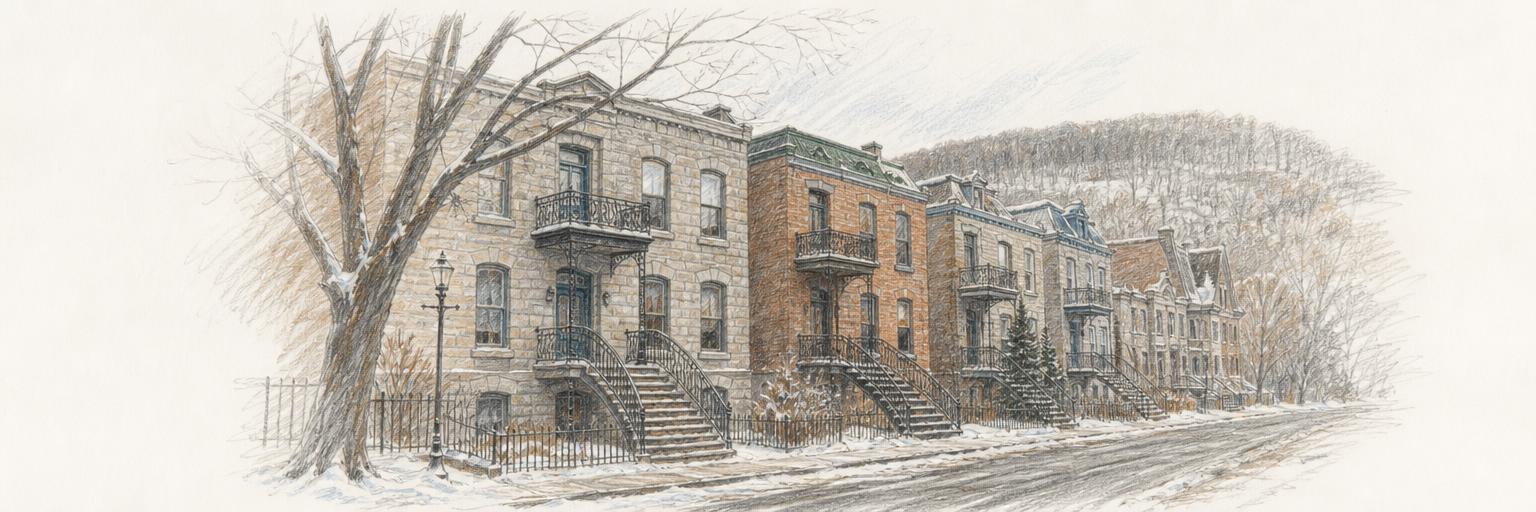 Une rangée de triplex du Plateau Mont-Royal aux escaliers extérieurs en colimaçon, sous une légère neige, avec la pente boisée du mont Royal au loin.