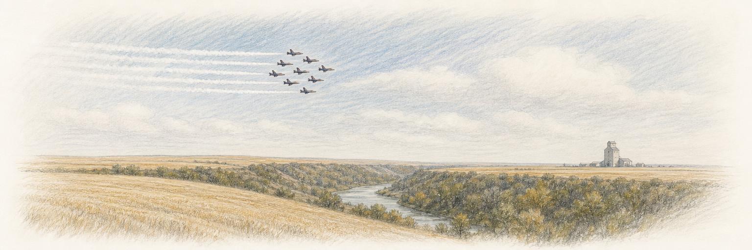 Snowbirds trainer jets in formation trailing white smoke above the Moose Jaw River valley and the flat prairie grain fields.