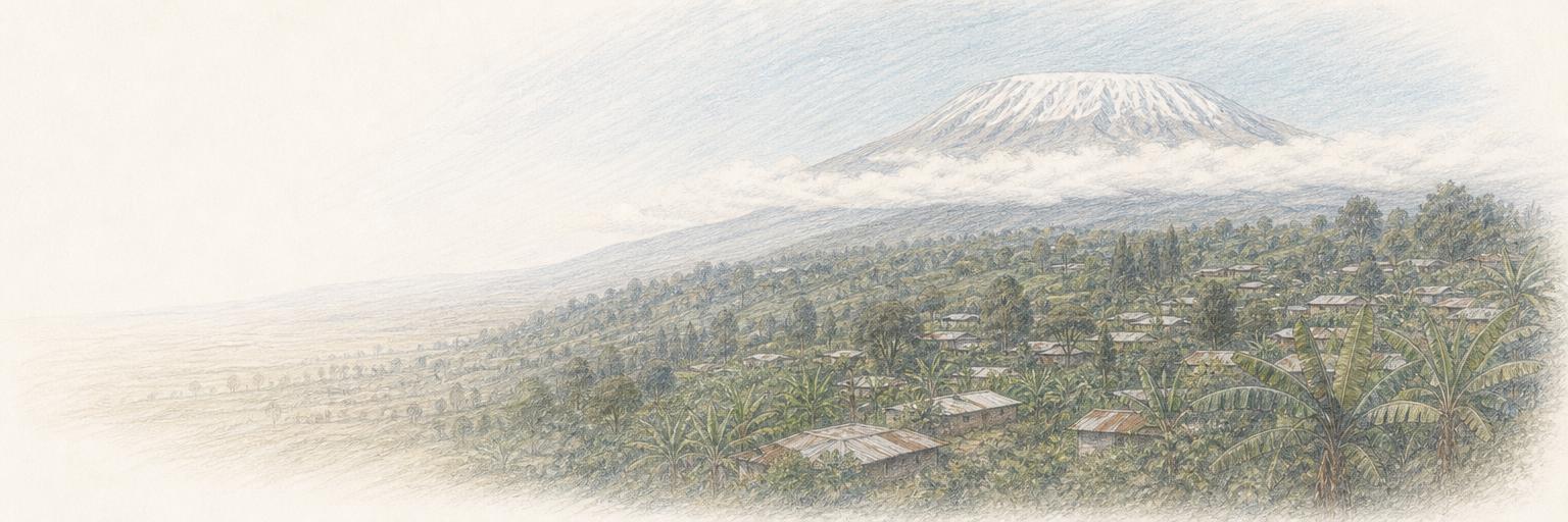 The snow-capped dome of Kibo rises above banana and coffee gardens on Kilimanjaro's southern slopes, with Moshi's tin roofs scattered among the trees below.