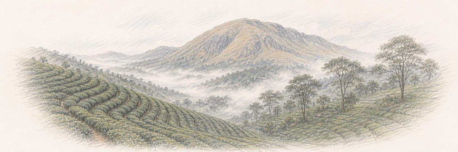 Curving rows of tea bushes on the hillsides around Munnar, mist pooled in the valley, and the bare grassy dome of Anamudi behind.