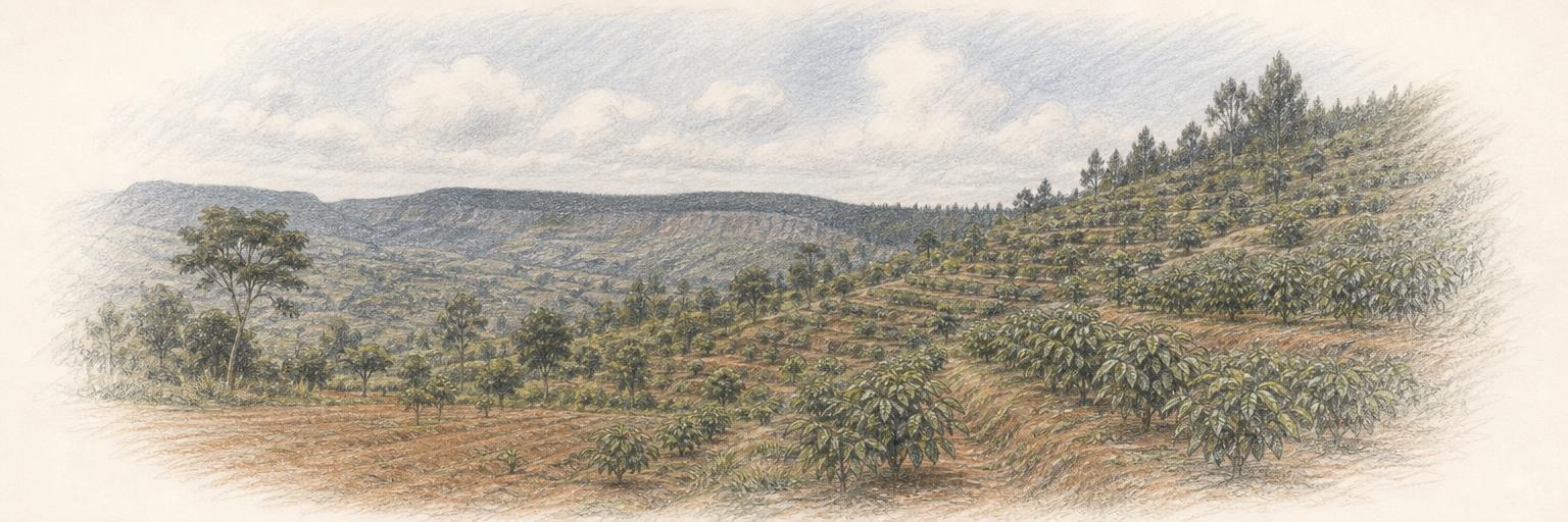 Smallholder coffee gardens terrace the hills above Mzuzu, with the Viphya Plateau's pine ridges in the distance.