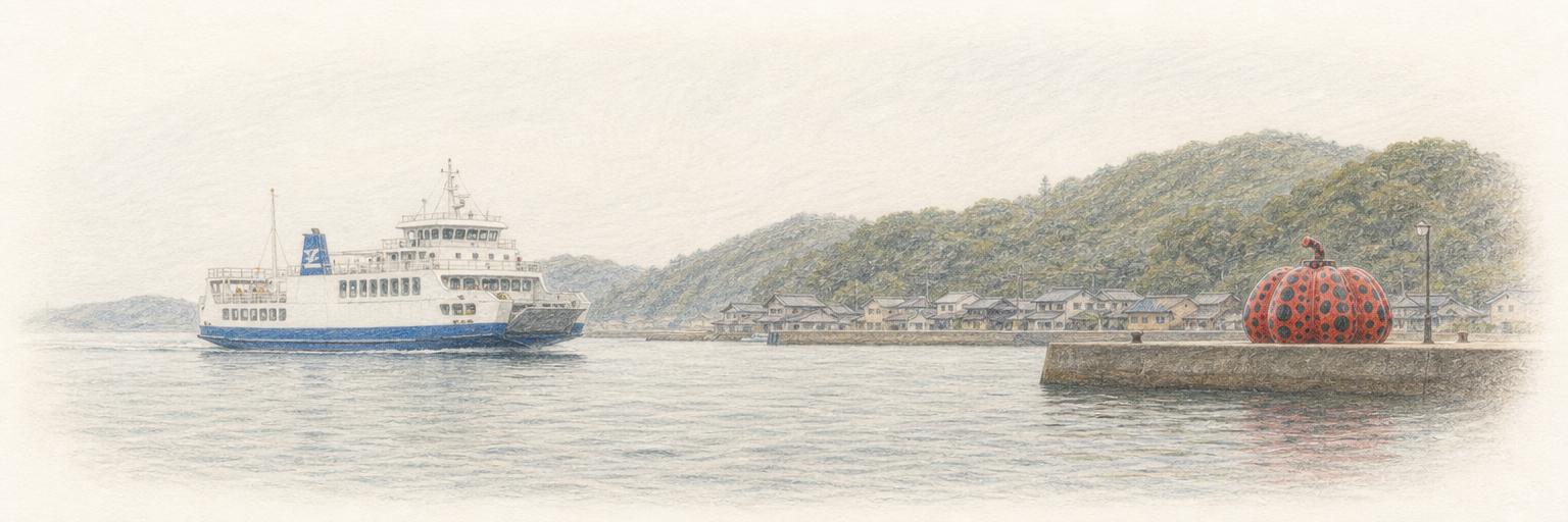 A colored-pencil sketch of the Shikoku Kisen ferry crossing the calm Seto Inland Sea toward Naoshima's Miyanoura Port, where Yayoi Kusama's red pumpkin stands on the pier.