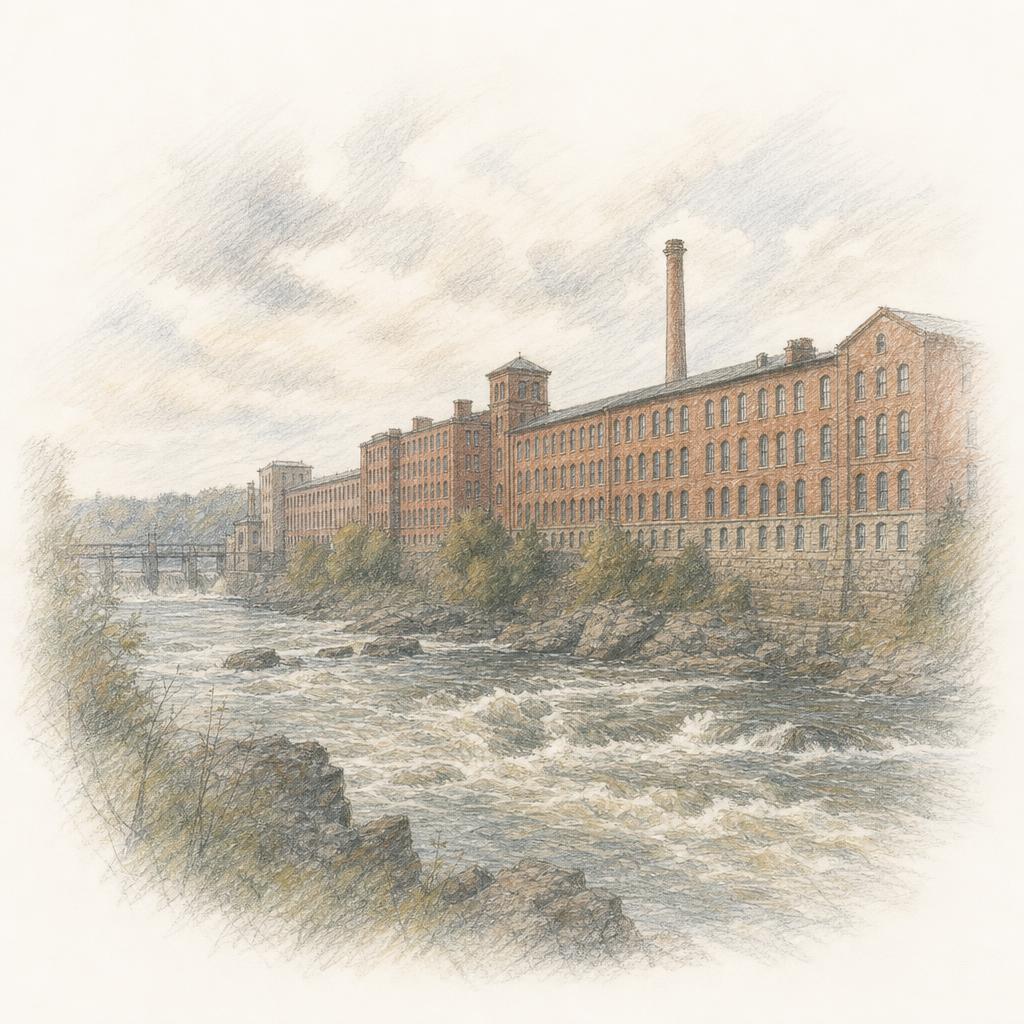 The red-brick Kreenholm mill buildings above the Narva river rapids.