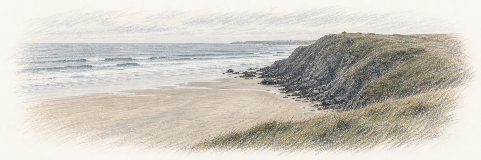 The grassy headland and cliffs above Newquay's Atlantic surf beach, with lines of swell rolling toward the sand.