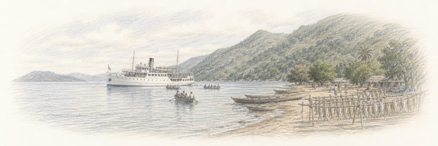 The MV Ilala ferry anchored in Nkhata Bay between steep green hills, with small boats carrying passengers out from a shore lined with dugout canoes and fish-drying racks.