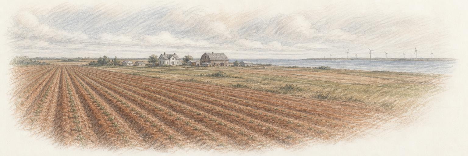 A colored-pencil sketch of potato fields in red soil running toward the Gulf shore at Norway, with the North Cape wind turbines on the horizon.