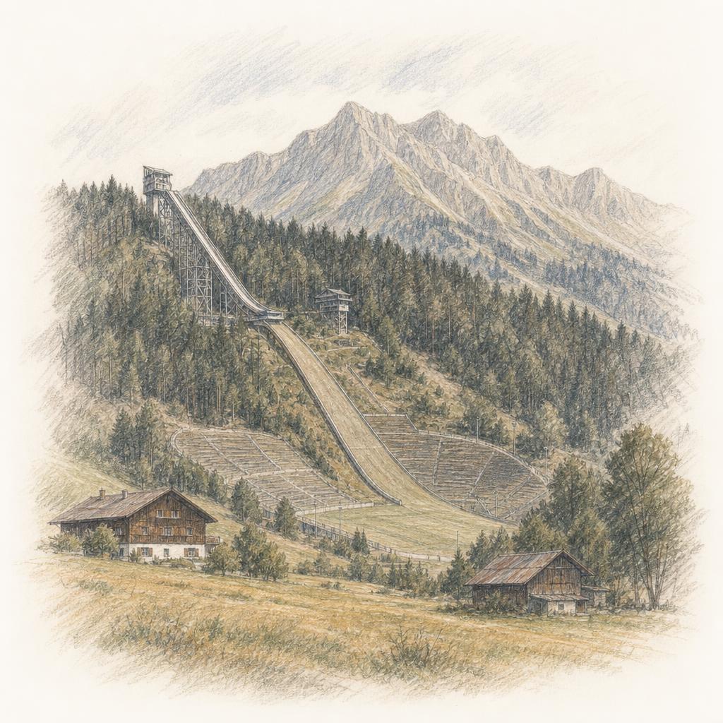 Zeichnung: die Schattenbergschanze über Oberstdorf im Spätsommer ohne Schnee — der kahle Anlaufturm im bewaldeten Hang, der leere Auslauf mit den Zuschauerrängen, davor Heuwiesen und Allgäuer Höfe, dahinter der Nebelhorn-Grat.