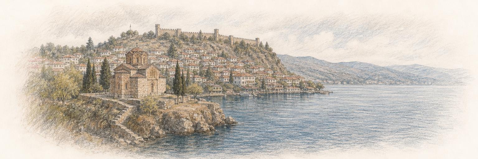 A colored-pencil sketch of the clifftop Church of St. John at Kaneo above Lake Ohrid, with the old town and Samuel's Fortress rising behind.