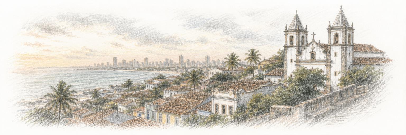 Vista do Alto da Sé em Olinda ao fim da tarde, com a Igreja da Sé, os telhados coloniais e os coqueiros descendo o morro, e os prédios do Recife ao longe, do outro lado do mar.
