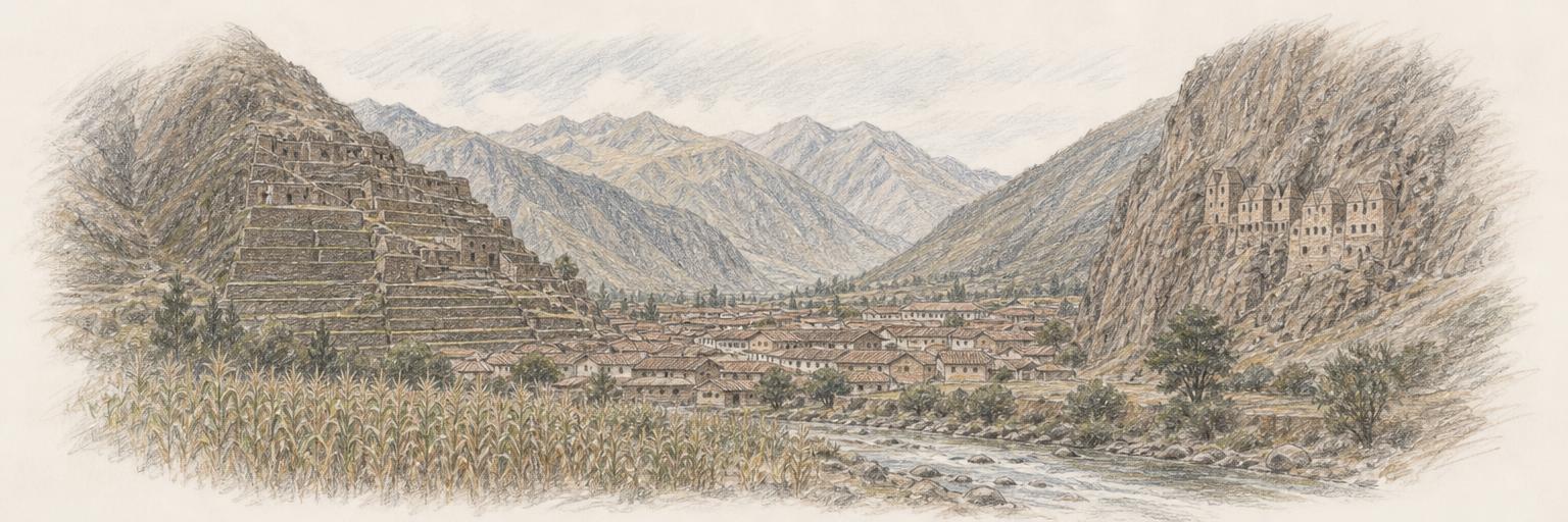 Vista panorámica de Ollantaytambo: las terrazas incas del Cerro Bandolista a la izquierda, los tejados del pueblo inca en el fondo del valle y los graneros de Pinkuylluna en la ladera de enfrente, con chacras de maíz en primer plano.