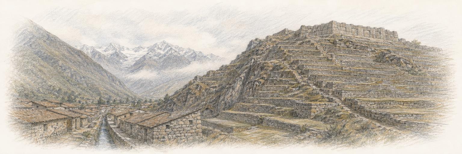 Un boceto a lápiz de color de los andenes incas de Ollantaytambo que suben por el Cerro Bandolista hasta el Templo del Sol, con el pueblo de piedra al pie.