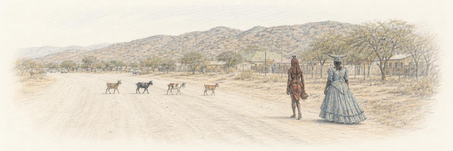 Two women, one in Himba ochre and one in a Herero Victorian-style dress, walk along Opuwo's wide dusty main road as goats cross, with dry mopane hills in the distance.