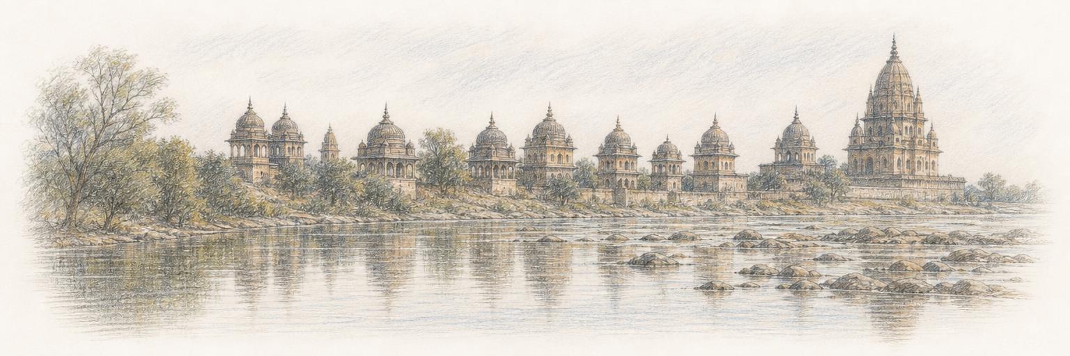 The domed sandstone chhatris of Orchha's Bundela kings lining the far bank of the Betwa River, their reflections broken by boulders in the shallow water.