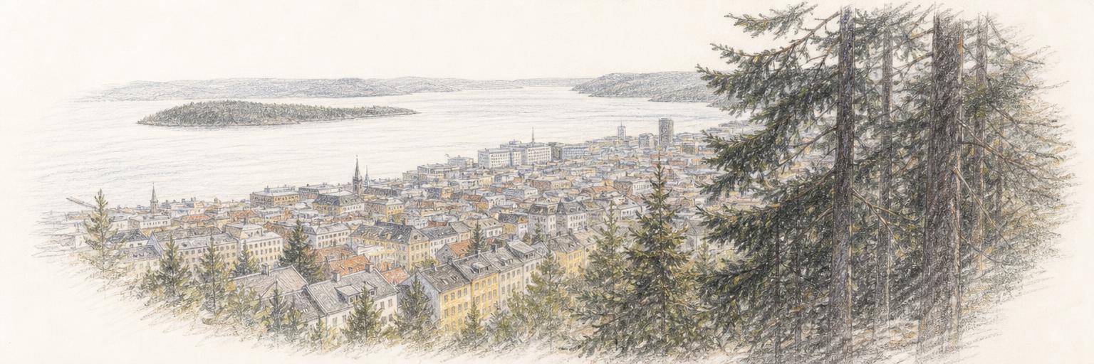 En tegning av Oslo sett fra skogkanten i Marka, med hustak som trapper seg ned mot fjorden og to lave øyer ute i vannet.