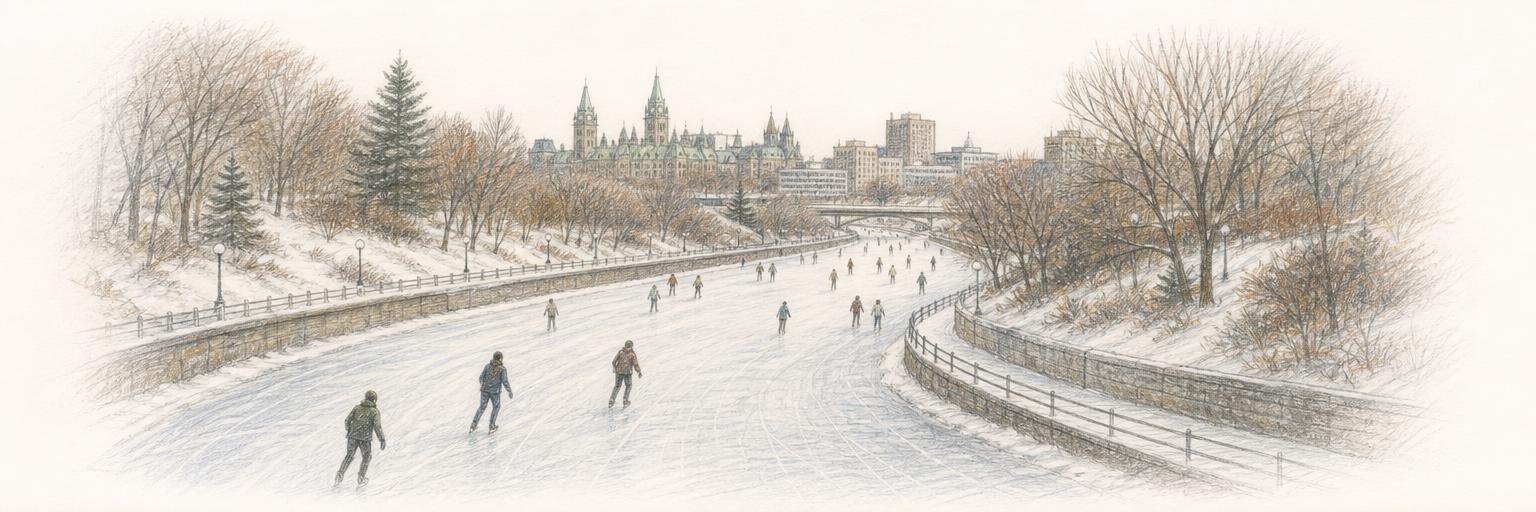 Skaters on the frozen Rideau Canal Skateway winding between snowy tree-lined banks in central Ottawa in winter.