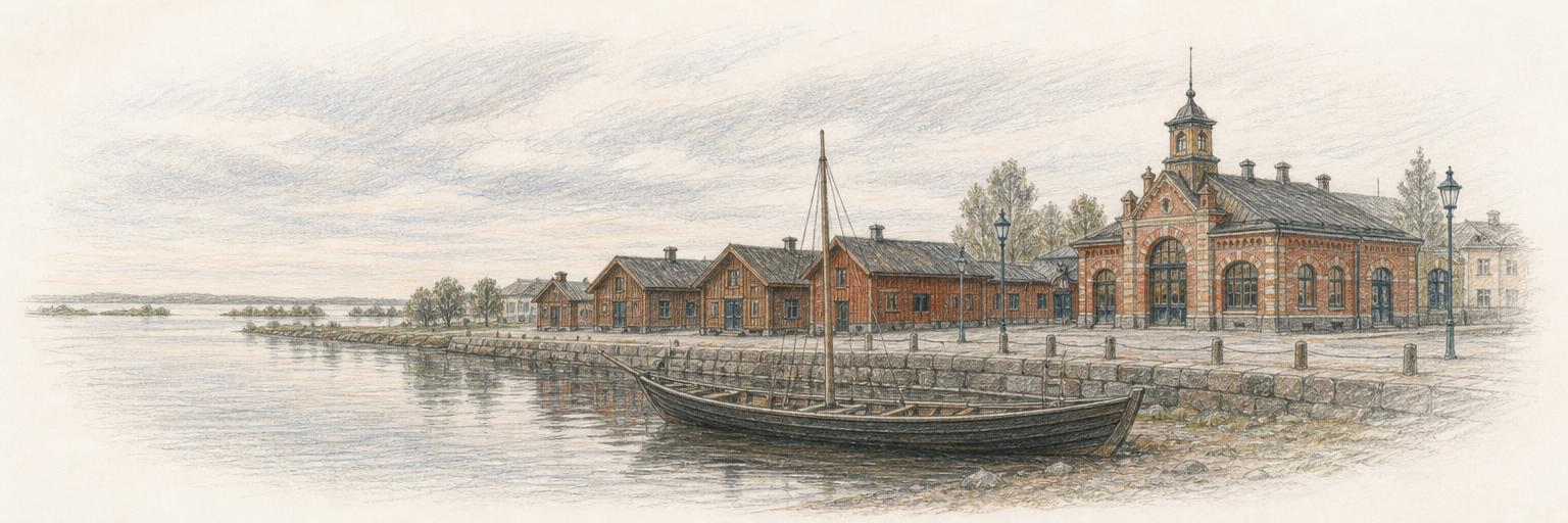 Oulu's red-ochre market-square storehouses and red-brick market hall along the river-delta quay, with a wooden tar-boat at the water's edge.